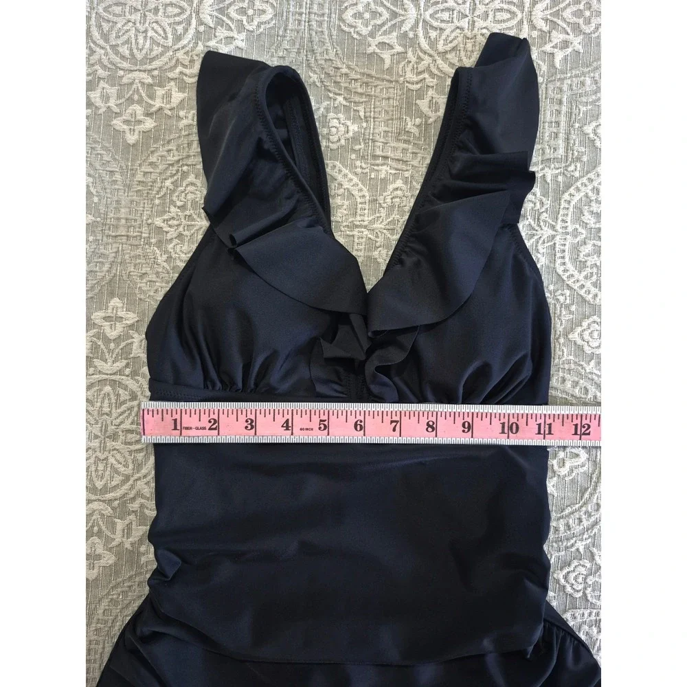 Black Ruffle V-Neck Ruched One Piece Swimsuit Lace Up Back‎ Size Medium